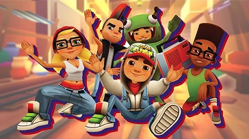 Grupa kolorowych postaci Subway Surfers pozujących razem w wesołym miejskim otoczeniu.