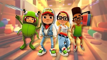 Zespół postaci Subway Surfers stojących razem na tętniącej życiem ulicy w stylu graffiti.