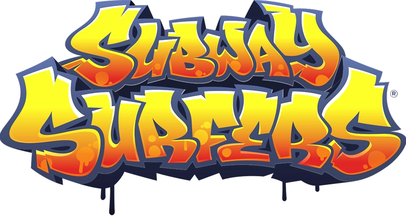 Kolorowe logo gry Subway Surfers w stylu graffiti na fioletowym tle.