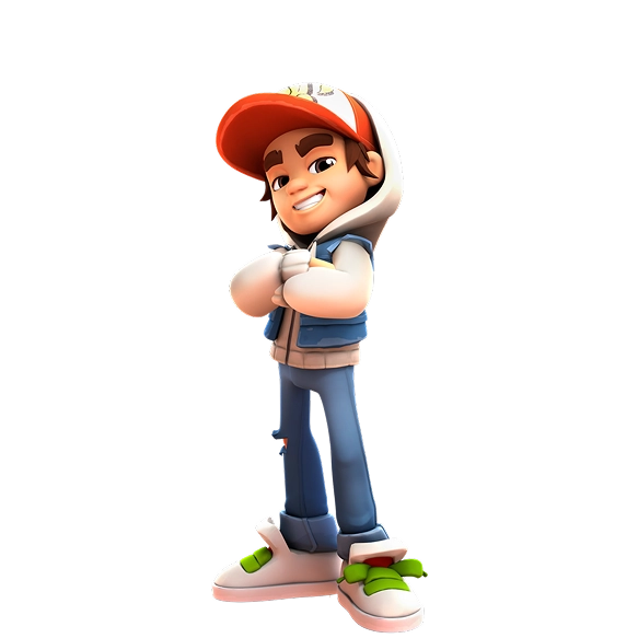 Pełna postać Jake'a z Subway Surfers w czerwonej czapce i bluzie z kapturem, uśmiechający się z założonymi rękami.