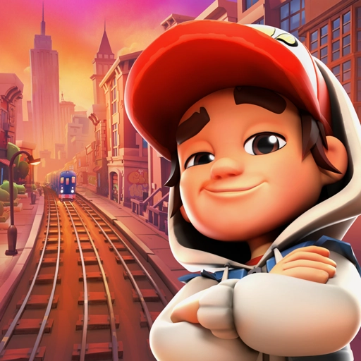 Główny bohater Subway Surfers w czerwonej czapce przy torach kolejowych w słonecznym miejskim otoczeniu.