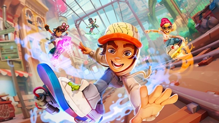 Główny bohater Subway Surfers jadący na deskorolce przez kolorowe miasto razem z innymi postaciami.
